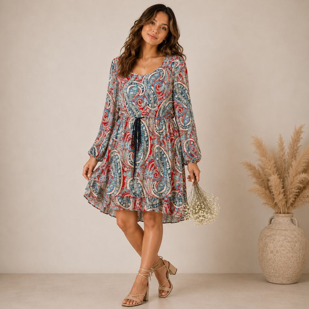 Kori Paisley Dress Womens Size M Flowy Long Sleeve Pull String Waist Boho Casual